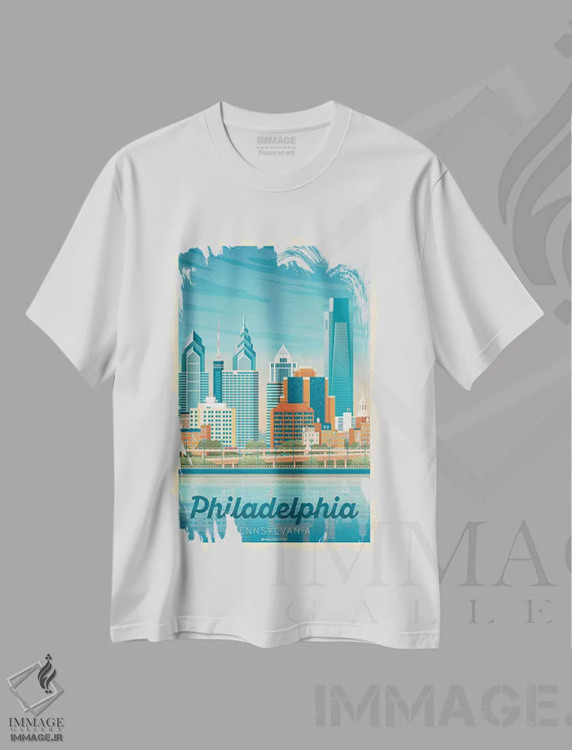 تیشرت سفید طرح دار پوستر سفر فیلادلفیا پنسیلوانیا، تزئینی اثر اولا هوپ تراول پوسترز | فروشگاه ایماژ