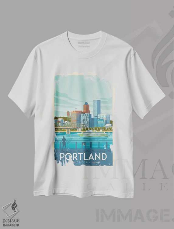 تیشرت سفید طرح دار پوستر سفر پورتلند اورگن، تزئینی اثر اولا هوپ تراول پوسترز | فروشگاه ایماژ