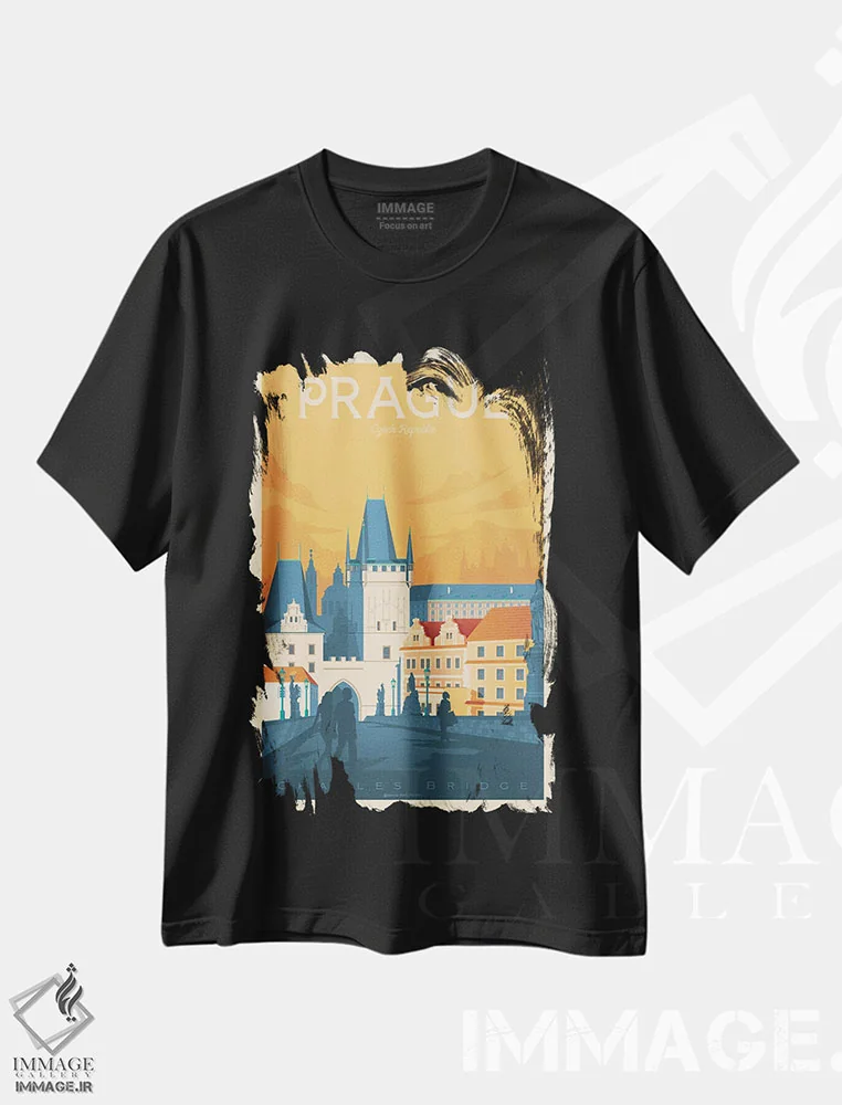 تیشرت مشکی طرح دار پوستر سفر پراگ، تزئینی اثر اولا هوپ تراول پوسترز | فروشگاه ایماژ