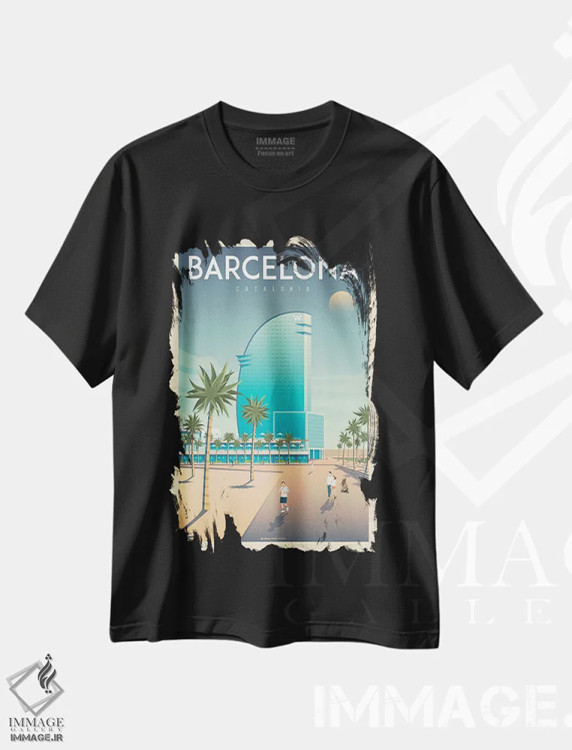 تیشرت مشکی طرح دار پوستر سفر به هتل W بارسلونا اسپانیا، تزئینی اثر اولا هوپ تراول پوسترز | فروشگاه ایماژ