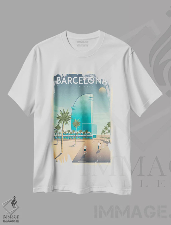 تیشرت سفید طرح دار پوستر سفر به هتل W بارسلونا اسپانیا، تزئینی اثر اولا هوپ تراول پوسترز | immage.ir