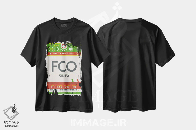 تیشرت مشکی طرح دار پوستر سفر با برچسب فرودگاه رم، تزئینی اثر اولا هوپ تراول پوسترز | immage.ir