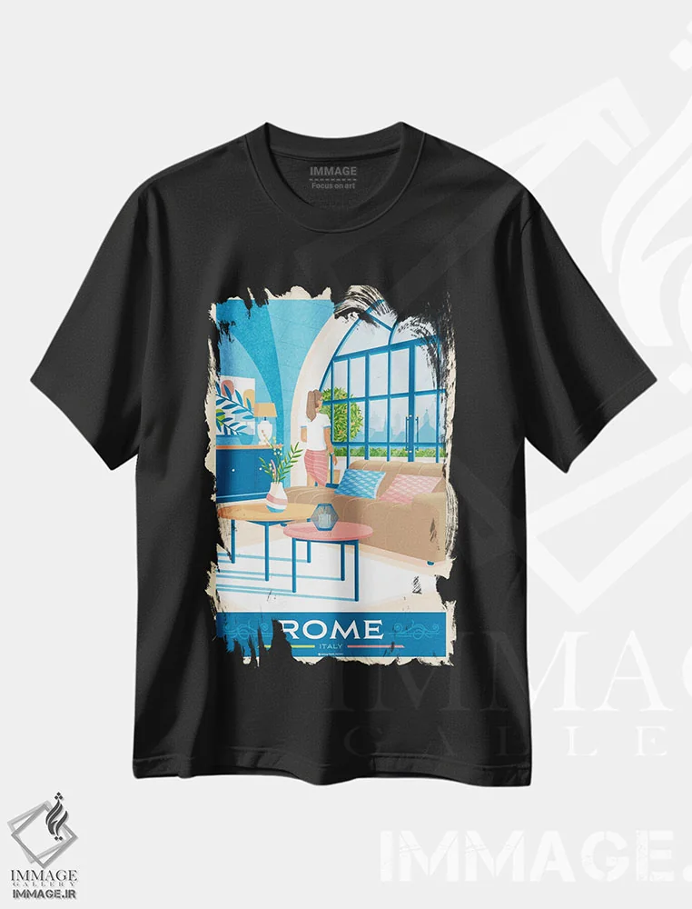 تیشرت مشکی طرح دار پوستر سفر رم، تزئینی اثر اولا هوپ تراول پوسترز | immage.ir