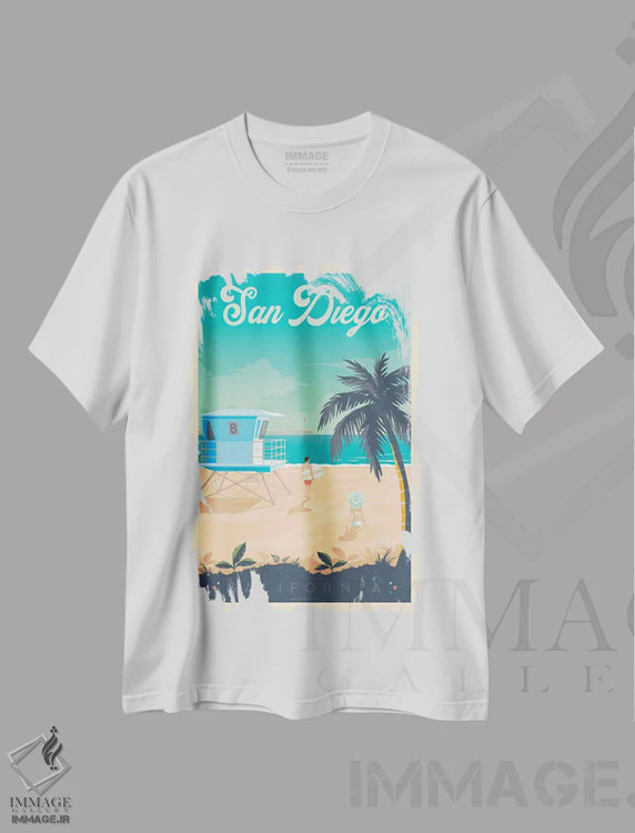 تیشرت سفید طرح دار پوستر سفر سن دیگو کالیفرنیا، تزئینی اثر اولا هوپ تراول پوسترز | immage.ir