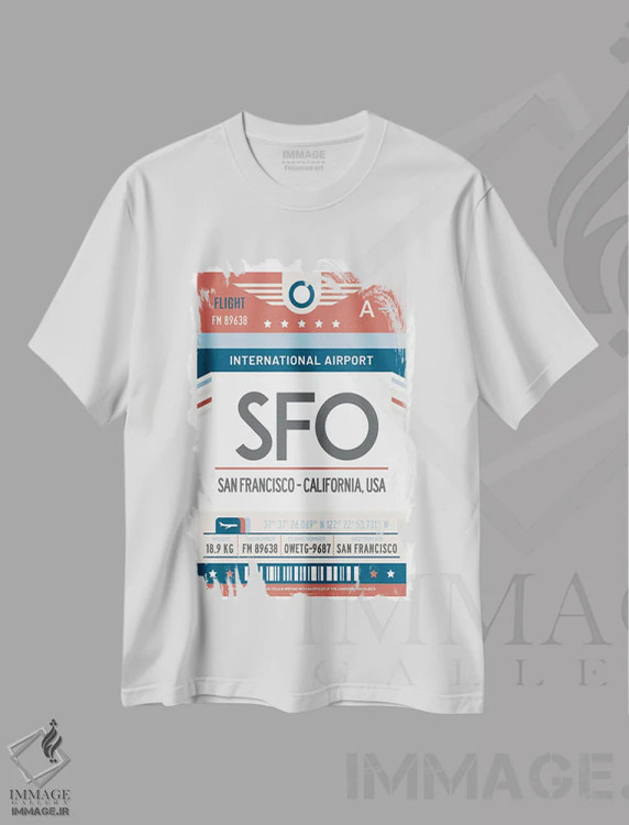 تیشرت سفید طرح دار پوستر سفر با برچسب فرودگاه سان فرانسیسکو، تزئینی اثر اولا هوپ تراول پوسترز | فروشگاه ایماژ