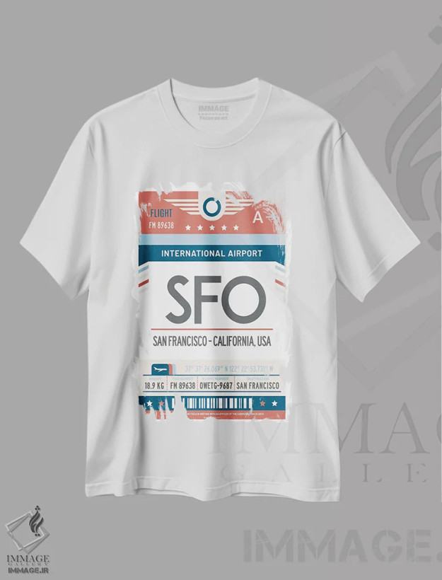 تیشرت سفید طرح دار پوستر سفر با برچسب فرودگاه سان فرانسیسکو، تزئینی اثر اولا هوپ تراول پوسترز | فروشگاه ایماژ