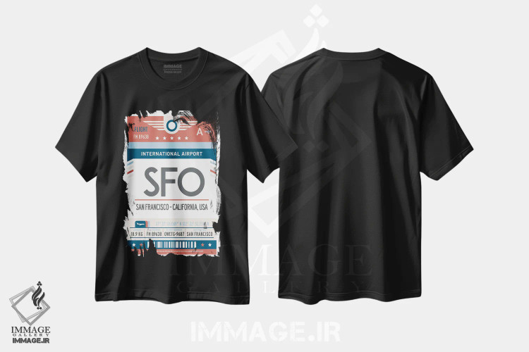 تیشرت مشکی طرح دار پوستر سفر با برچسب فرودگاه سان فرانسیسکو، تزئینی اثر اولا هوپ تراول پوسترز | immage.ir