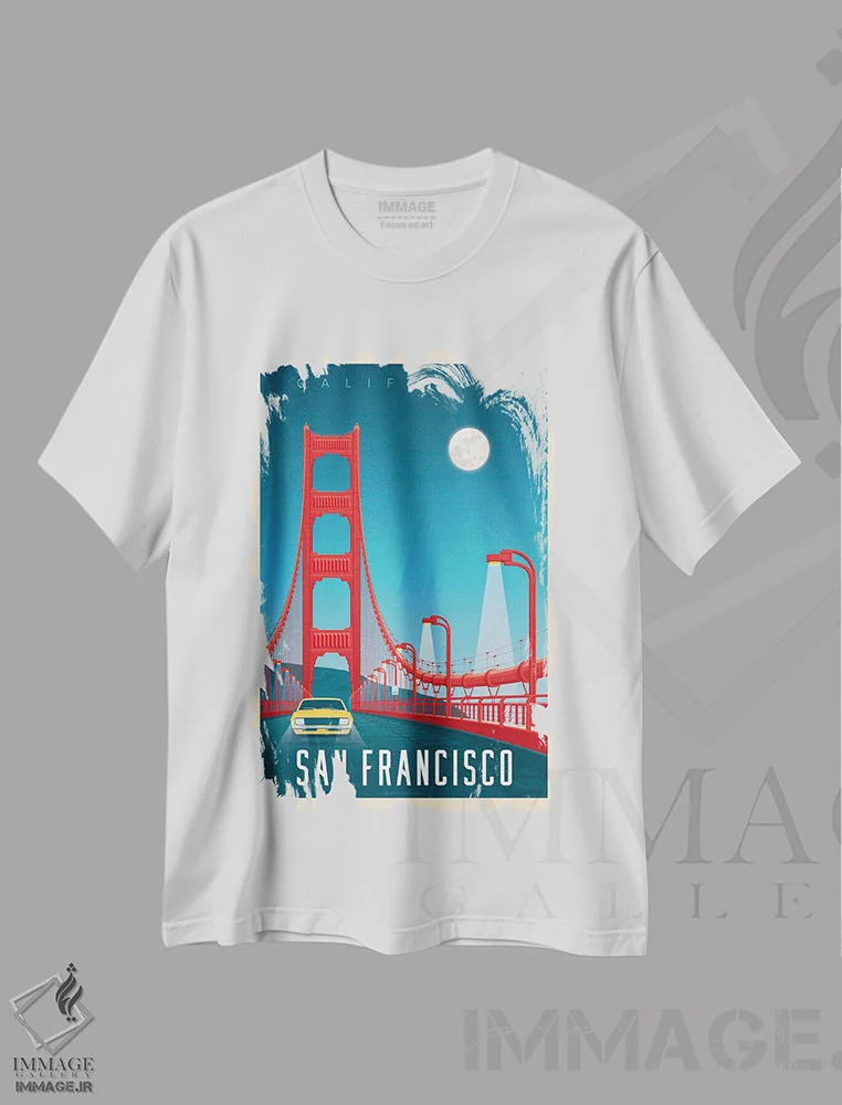 تیشرت سفید طرح دار پوستر سفر به پل گلدن گیت سان فرانسیسکو، تزئینی اثر اولا هوپ تراول پوسترز | immage.ir