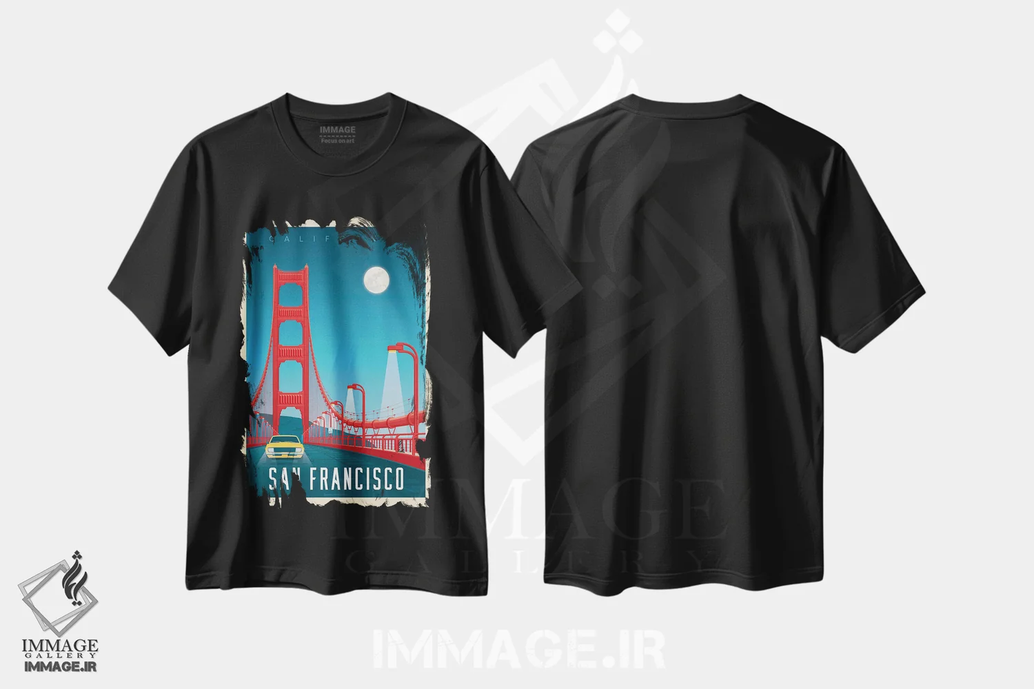 تیشرت مشکی طرح دار پوستر سفر به پل گلدن گیت سان فرانسیسکو، تزئینی اثر اولا هوپ تراول پوسترز | فروشگاه ایماژ