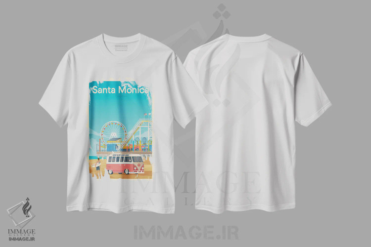 تیشرت سفید طرح دار پوستر سفر سانتا مونیکا کالیفرنیا، تزئینی اثر اولا هوپ تراول پوسترز | فروشگاه ایماژ