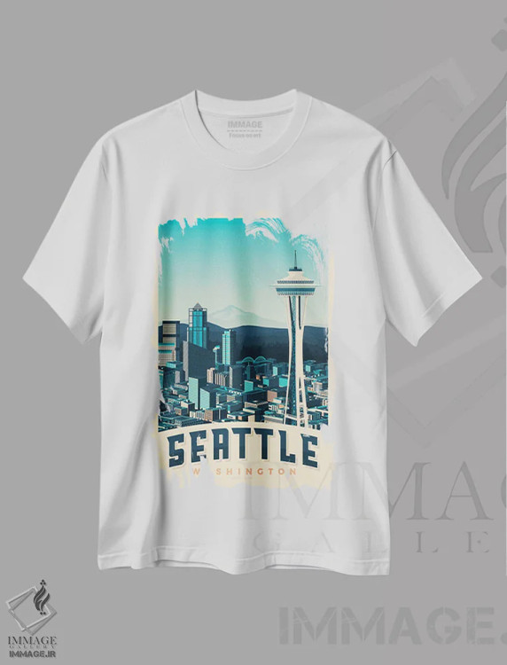 تیشرت سفید طرح دار پوستر سفر به برج اسپیس نیدل سیاتل، تزئینی اثر اولا هوپ تراول پوسترز | immage.ir