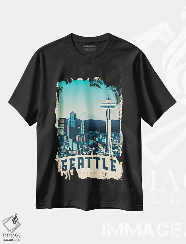تیشرت مشکی طرح دار پوستر سفر به برج اسپیس نیدل سیاتل، تزئینی اثر اولا هوپ تراول پوسترز | فروشگاه ایماژ