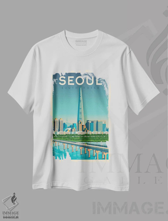 تیشرت سفید طرح دار پوستر سفر سئول کره جنوبی، تزئینی اثر اولا هوپ تراول پوسترز | فروشگاه ایماژ