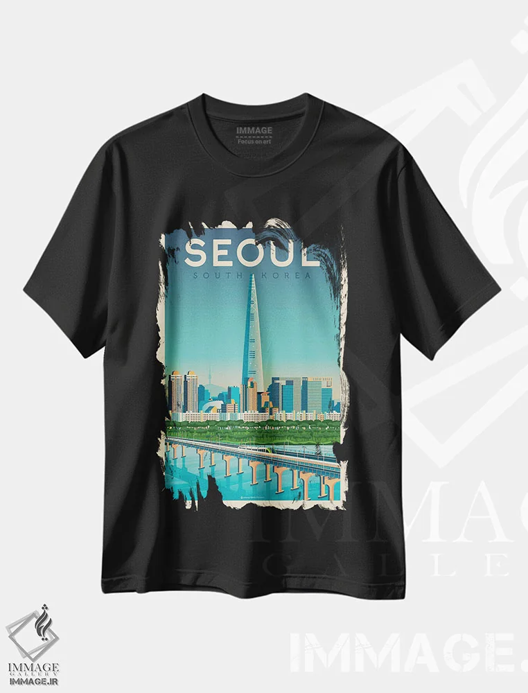 تیشرت مشکی طرح دار پوستر سفر سئول کره جنوبی، تزئینی اثر اولا هوپ تراول پوسترز | immage.ir