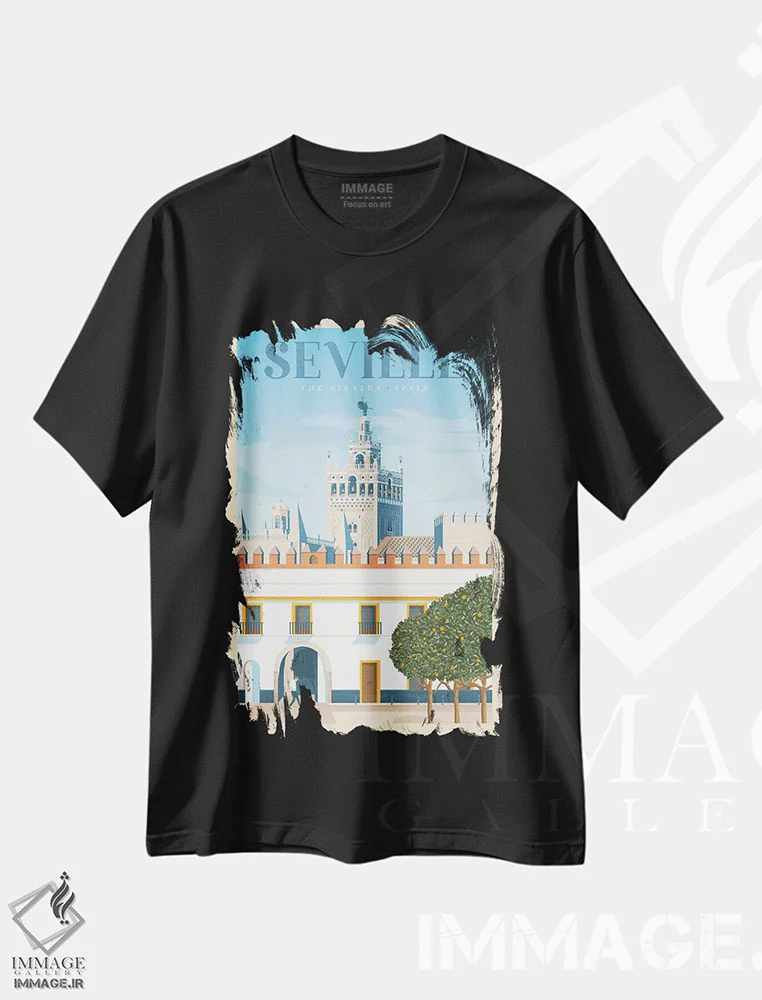 تیشرت مشکی طرح دار پوستر سفر سویل آندلسیا، تزئینی اثر اولا هوپ تراول پوسترز | فروشگاه ایماژ