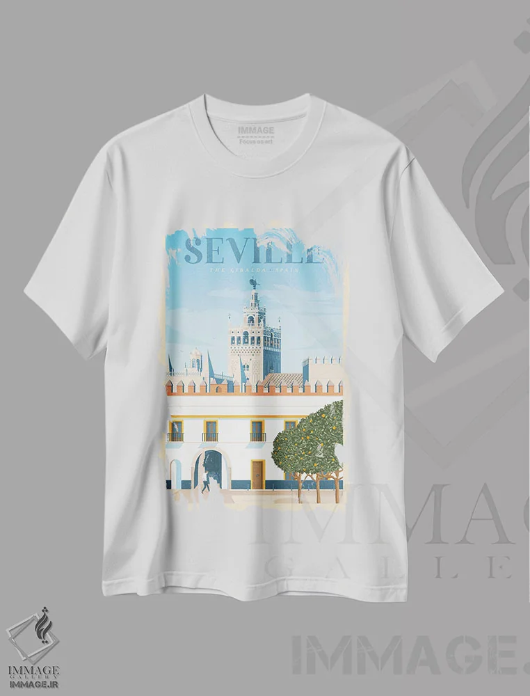 تیشرت سفید طرح دار پوستر سفر سویل آندلسیا، تزئینی اثر اولا هوپ تراول پوسترز | immage.ir