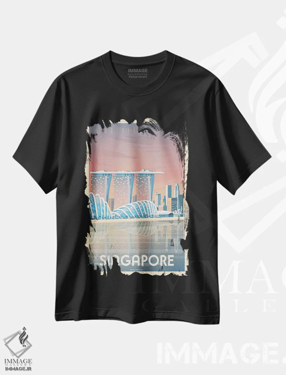 تیشرت مشکی طرح دار پوستر سفر به مارینا بی سندز سنگاپور، تزئینی اثر اولا هوپ تراول پوسترز | فروشگاه ایماژ