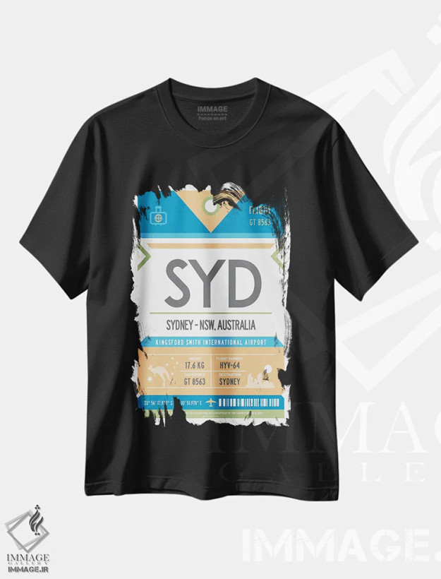 تیشرت مشکی طرح دار پوستر سفر با برچسب فرودگاه سیدنی، تزئینی اثر اولا هوپ تراول پوسترز | فروشگاه ایماژ