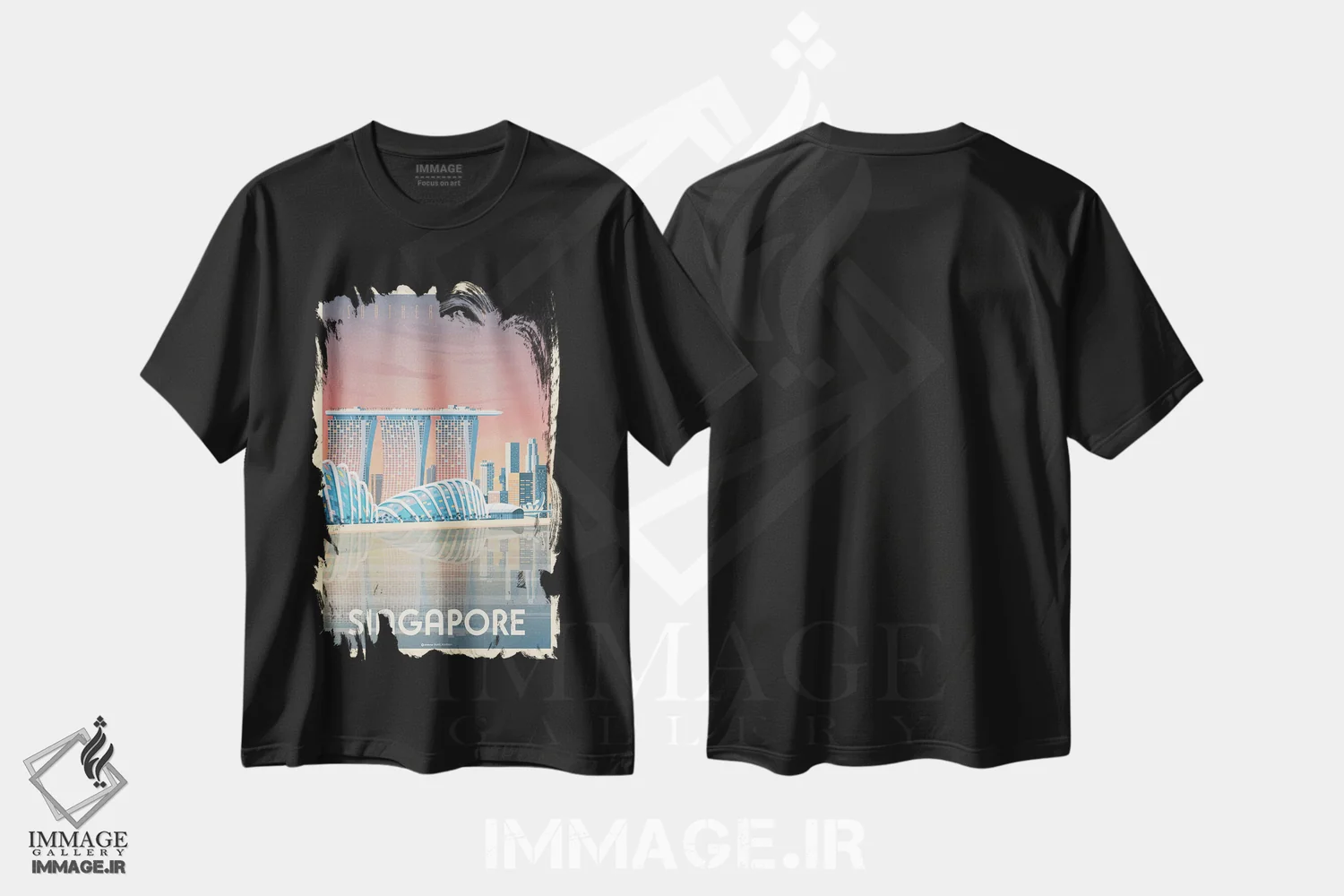 تیشرت مشکی طرح دار پوستر سفر به مارینا بی سندز سنگاپور، تزئینی اثر اولا هوپ تراول پوسترز | فروشگاه ایماژ