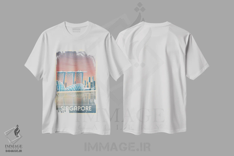 تیشرت سفید طرح دار پوستر سفر به مارینا بی سندز سنگاپور، تزئینی اثر اولا هوپ تراول پوسترز | immage.ir