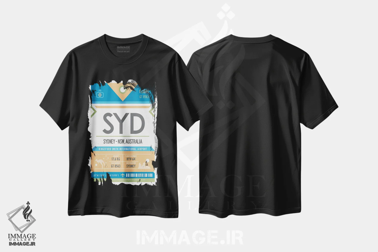 تیشرت مشکی طرح دار پوستر سفر با برچسب فرودگاه سیدنی، تزئینی اثر اولا هوپ تراول پوسترز | فروشگاه ایماژ