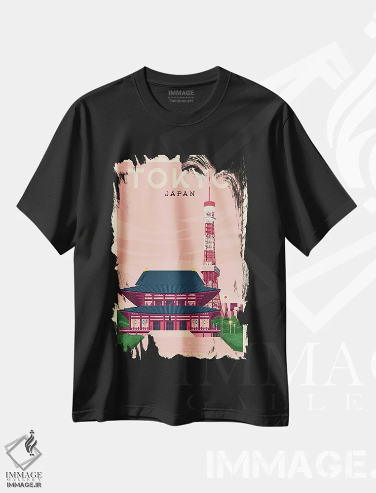 تیشرت مشکی طرح دار پوستر سفر توکیو ژاپن، تزئینی اثر اولا هوپ تراول پوسترز | فروشگاه ایماژ