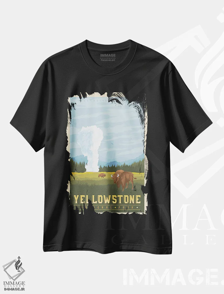 تیشرت مشکی طرح دار پوستر سفر به پارک ملی یلوستون، دکور کلبه و لژ اثر اولا هوپ تراول پوسترز | فروشگاه ایماژ