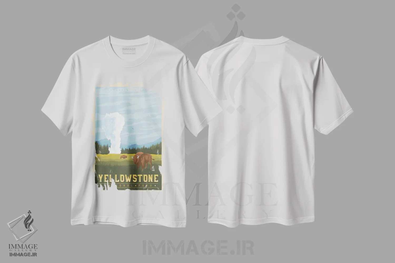 تیشرت سفید طرح دار پوستر سفر به پارک ملی یلوستون، دکور کلبه و لژ اثر اولا هوپ تراول پوسترز | immage.ir