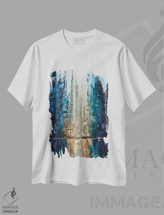 تیشرت سفید طرح دار شهر فرشتگان، آبستره اثر اوسنات تزدک | فروشگاه ایماژ