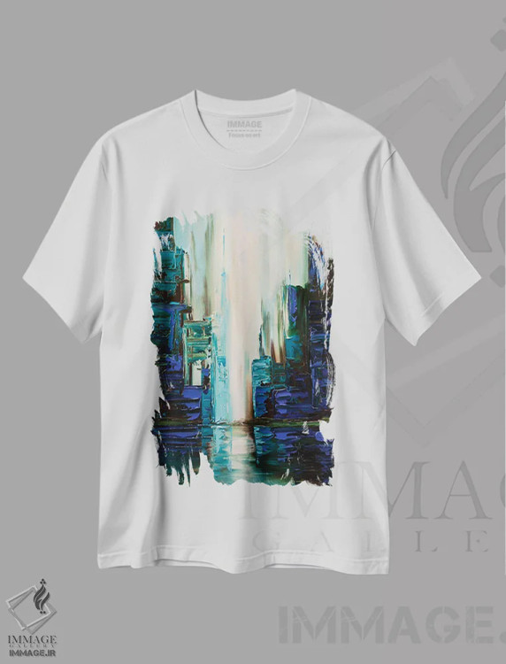 تیشرت سفید طرح دار شهر سایبری، آبستره اثر اوسنات تزدک | فروشگاه ایماژ