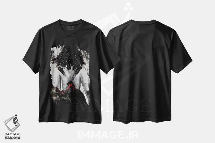 تیشرت مشکی طرح دار روبان قرمز، آبستره اثر اوسنات تزدک | immage.ir