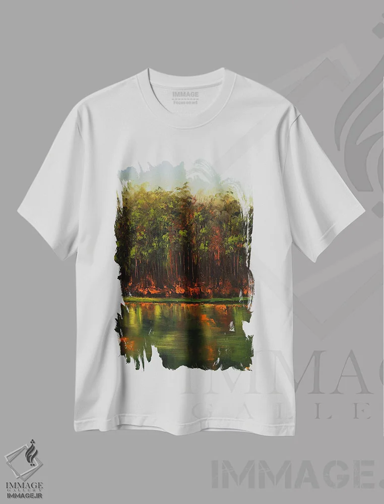 تیشرت سفید طرح دار دریاچه، آبستره اثر اوسنات تزدک | immage.ir