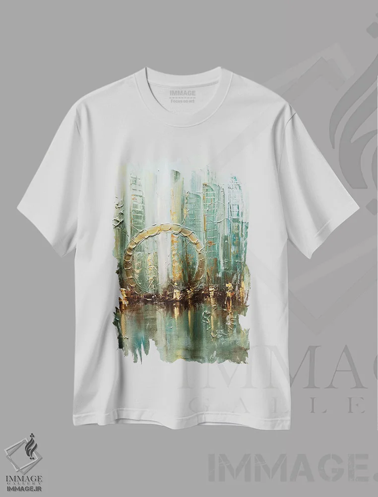 تیشرت سفید طرح دار شهر بابل، آبستره اثر اوسنات تزدک | فروشگاه ایماژ