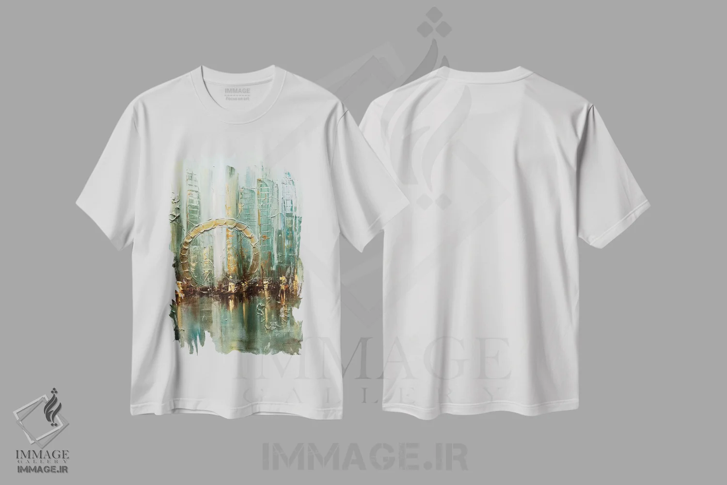 تیشرت سفید طرح دار شهر بابل، آبستره اثر اوسنات تزدک | فروشگاه ایماژ