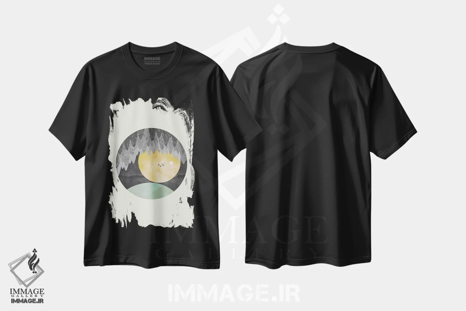تیشرت مشکی طرح دار چشم انداز از غار، آبستره اثر فلت اول | immage.ir