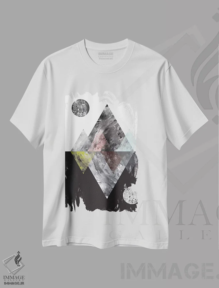 تیشرت سفید طرح دار دنیاهای منعکس شده، آبستره اثر فلت اول | immage.ir
