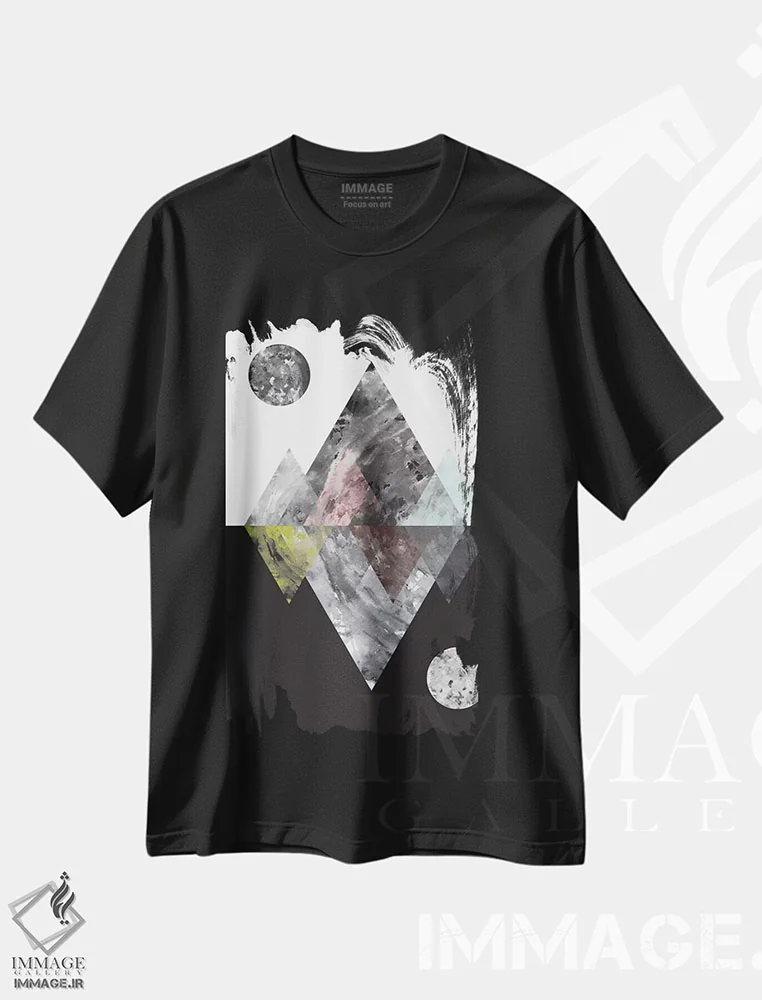 تیشرت مشکی طرح دار دنیاهای منعکس شده، آبستره اثر فلت اول | فروشگاه ایماژ