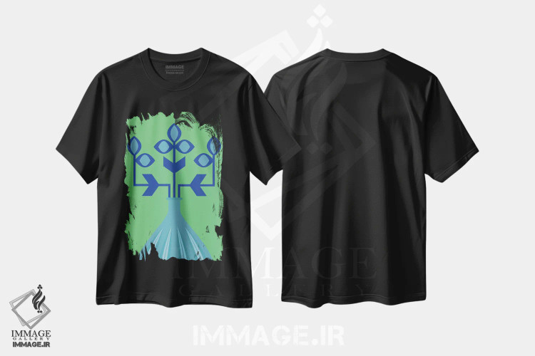 تیشرت مشکی طرح دار گل آبی، آبستره اثر فلت اول | فروشگاه ایماژ