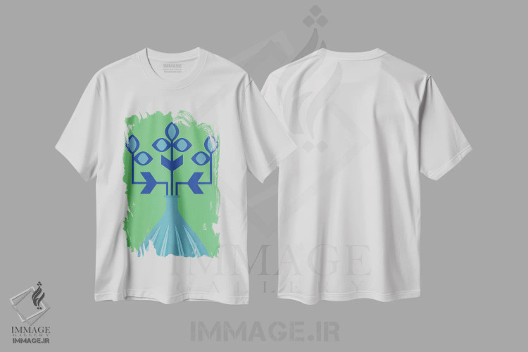 تیشرت سفید طرح دار گل آبی، آبستره اثر فلت اول | immage.ir