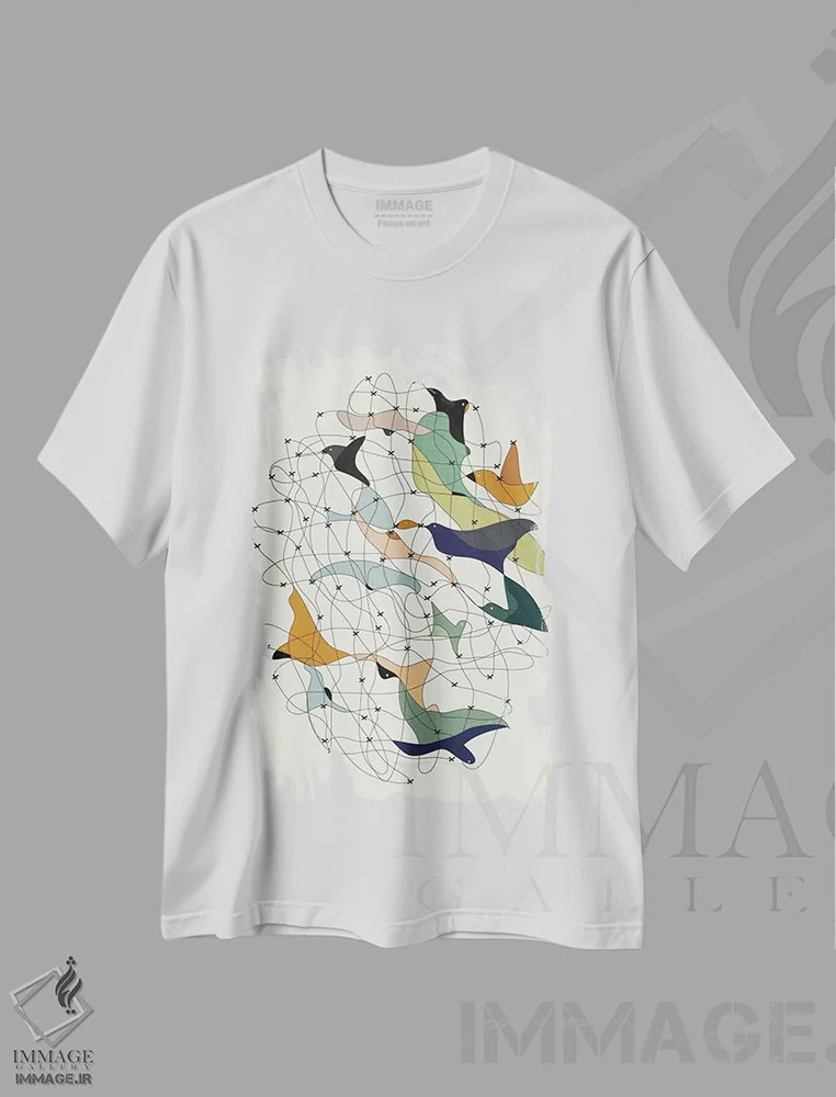 تیشرت سفید طرح دار پرندگان زنجیرشده اثر فلت اول | فروشگاه ایماژ