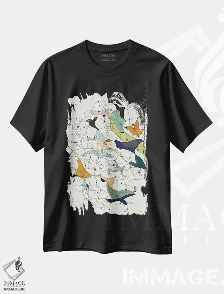 تیشرت مشکی طرح دار پرندگان زنجیرشده اثر فلت اول | immage.ir