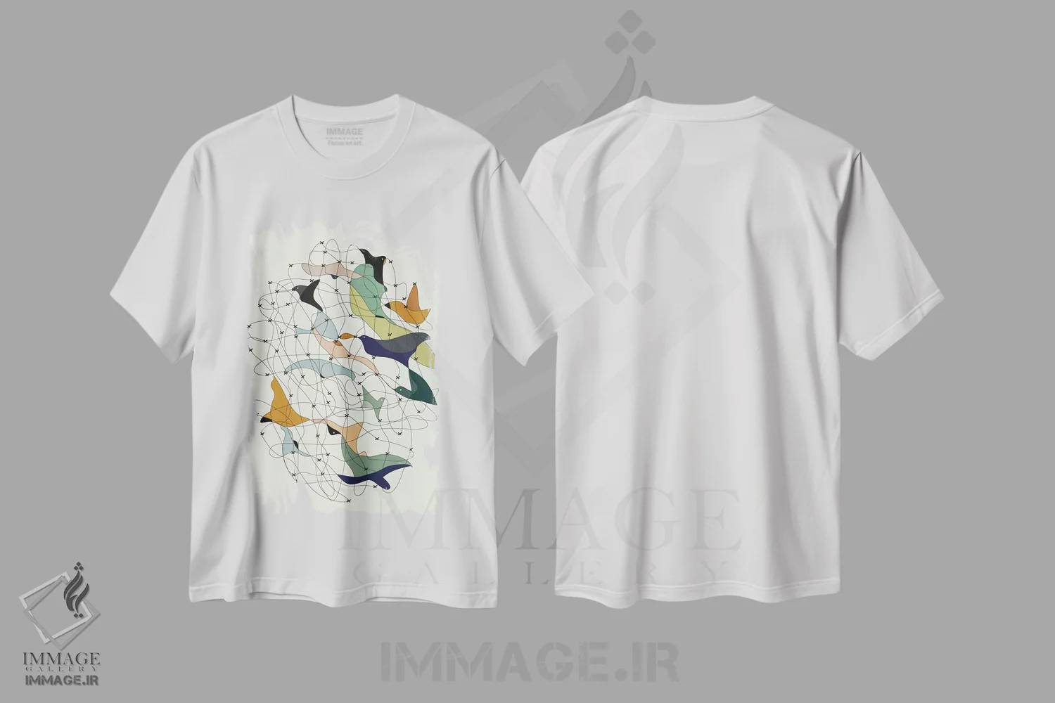 تیشرت سفید طرح دار پرندگان زنجیرشده اثر فلت اول | فروشگاه ایماژ