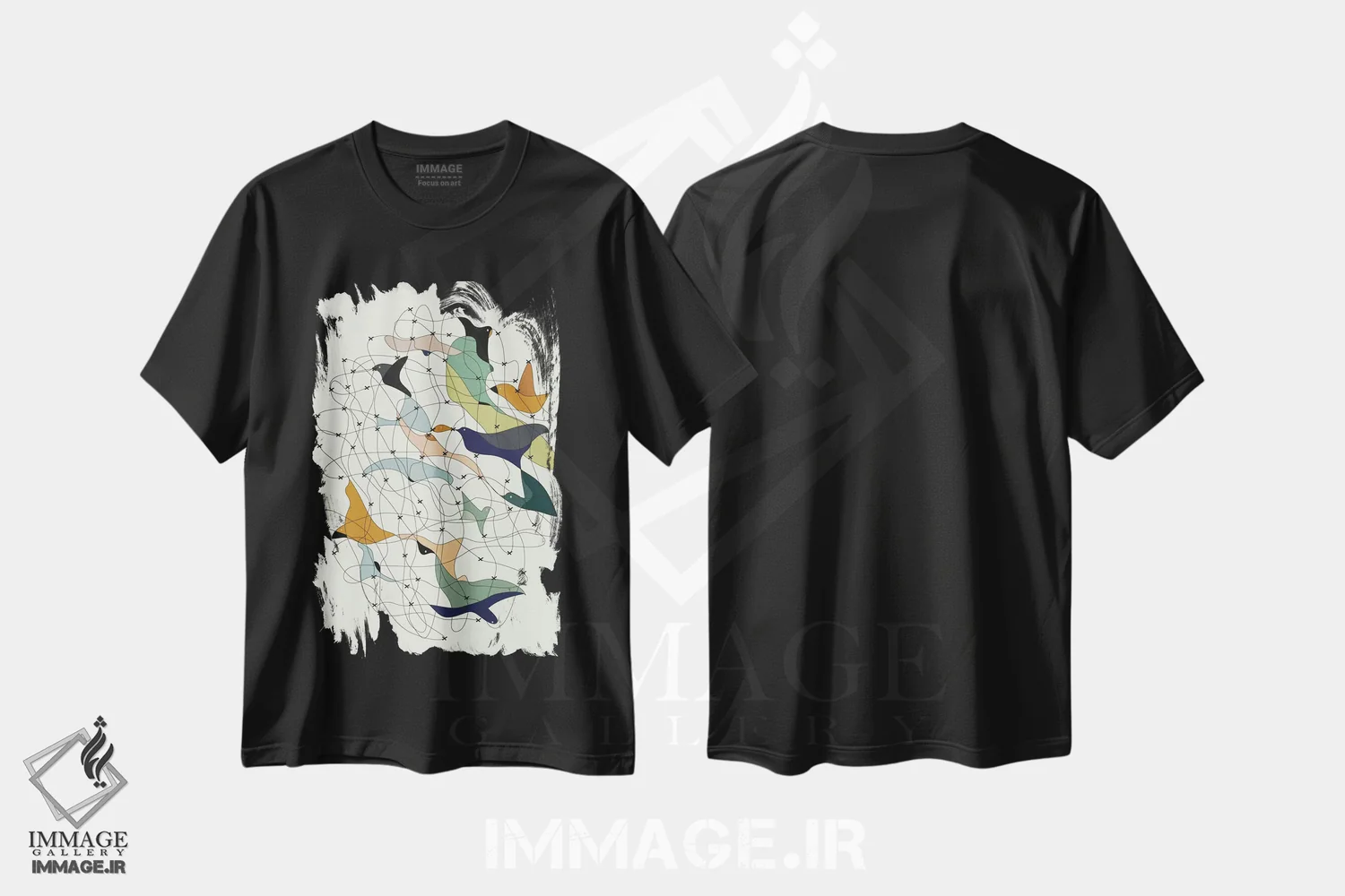 تیشرت مشکی طرح دار پرندگان زنجیرشده اثر فلت اول | immage.ir