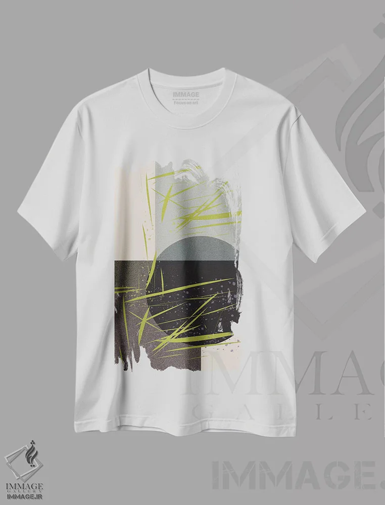 تیشرت سفید طرح دار دایره و چمن، آبستره اثر فلت اول | فروشگاه ایماژ