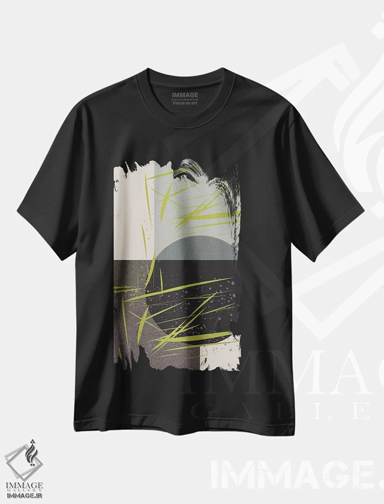 تیشرت مشکی طرح دار دایره و چمن، آبستره اثر فلت اول | immage.ir