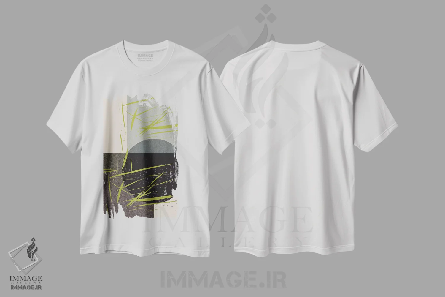تیشرت سفید طرح دار دایره و چمن، آبستره اثر فلت اول | فروشگاه ایماژ