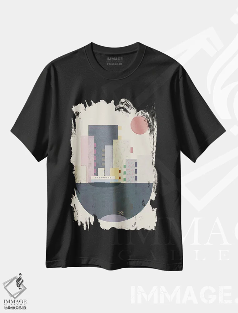 تیشرت مشکی طرح دار شهر روی زمین، تزئینی اثر فلت اول | immage.ir