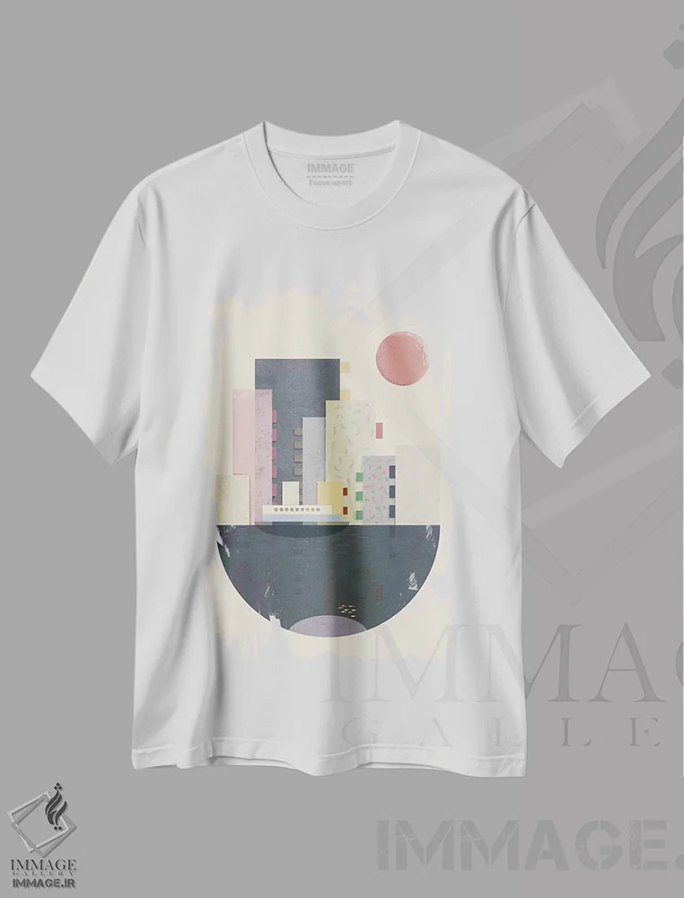 تیشرت سفید طرح دار شهر روی زمین، تزئینی اثر فلت اول | فروشگاه ایماژ