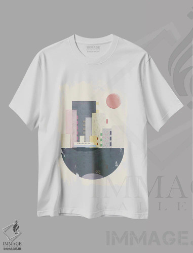 تیشرت سفید طرح دار شهر روی زمین، تزئینی اثر فلت اول | فروشگاه ایماژ
