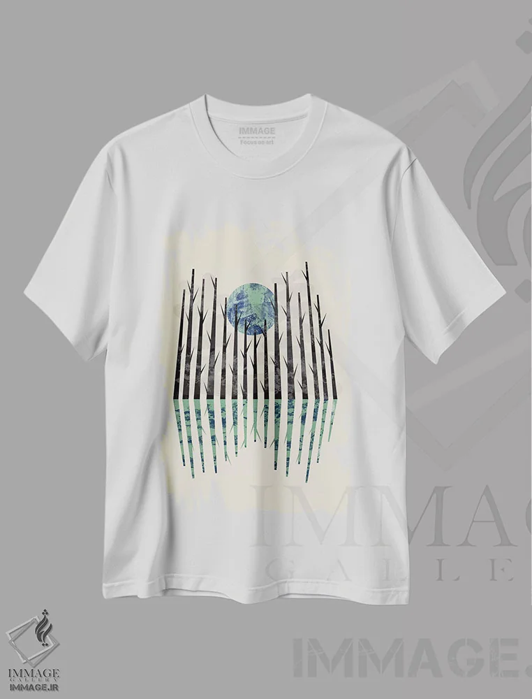 تیشرت سفید طرح دار جنگل کوچک سیاه، آبستره اثر فلت اول | immage.ir